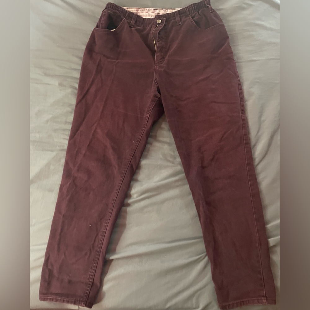 purple colored loose fit jeans, lots of space in thighs and stretchy waistband